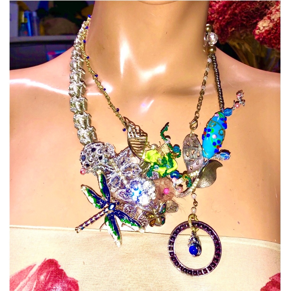 OOAK Assemblage Eclectic Vtg/New Mix Wearable Art Statement Necklace~Dragonfly